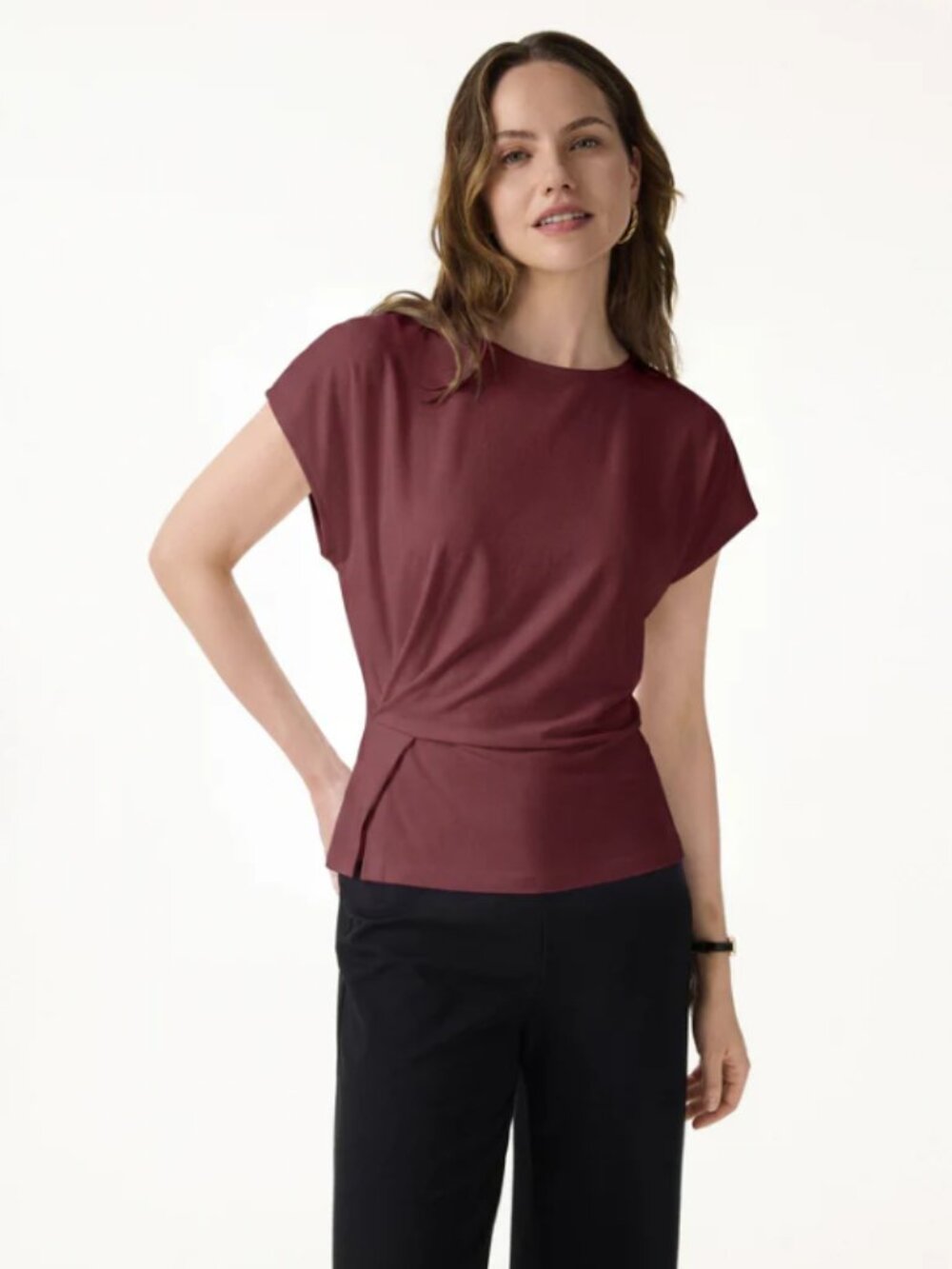 OGL Ponte Cooling Ponte Relaxed Round Neck Tucked Top Medium Burgundy